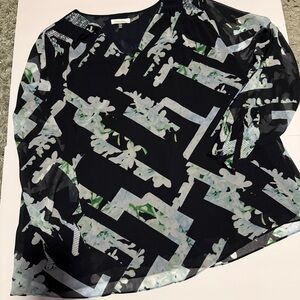 Calvin Klein 1X Flowy Blouse Floral Cottage Core Sheer Lined  Navy Blue